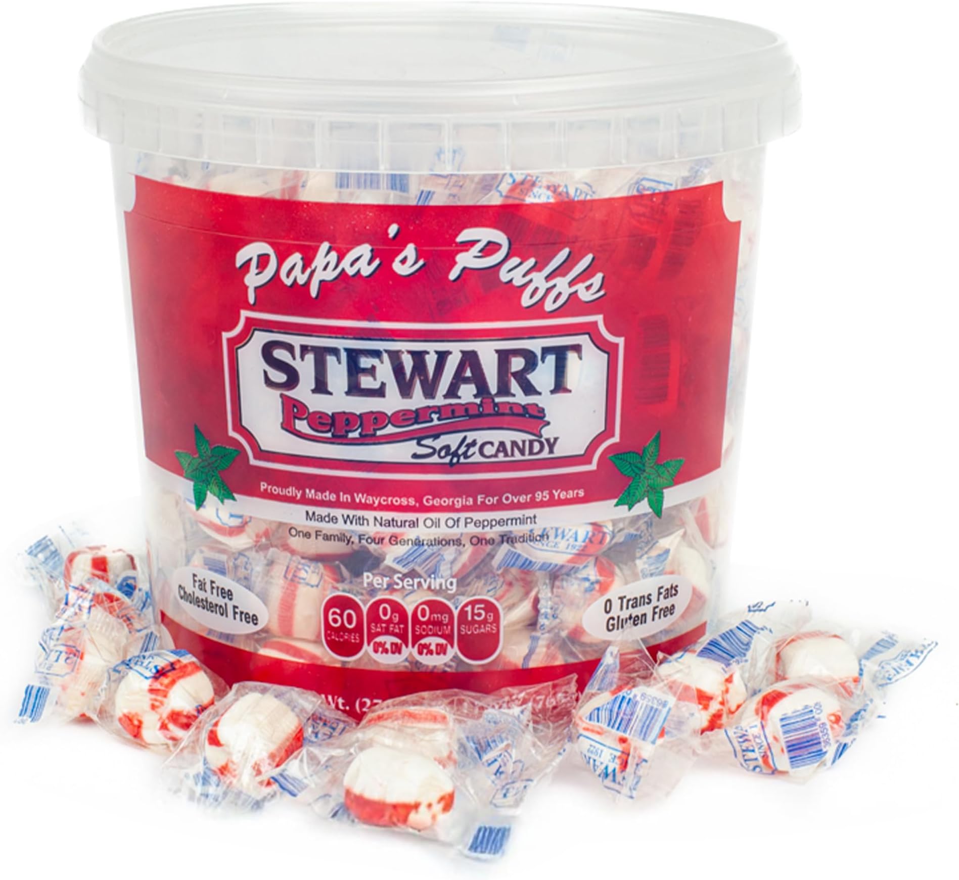 Stewart Old Fashioned Peppermint Candy Puffs | Individually Wrapped Candy | Pure Cane Sugar Candy | Fat-Free, Cholesterol-Free, Gluten-Free | Classic Soft/Hard Texture, Made in USA - 21 oz Tub