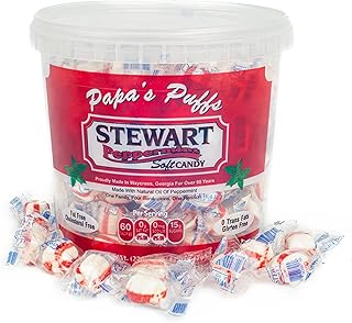 Stewart Old Fashioned Peppermint Candy Puffs | Individually Wrapped Candy | Pure Cane Sugar Candy | Fat-Free, Cholesterol-Free, Gluten-Free | Classic Soft/Hard Texture, Made in USA - 21 oz Tub