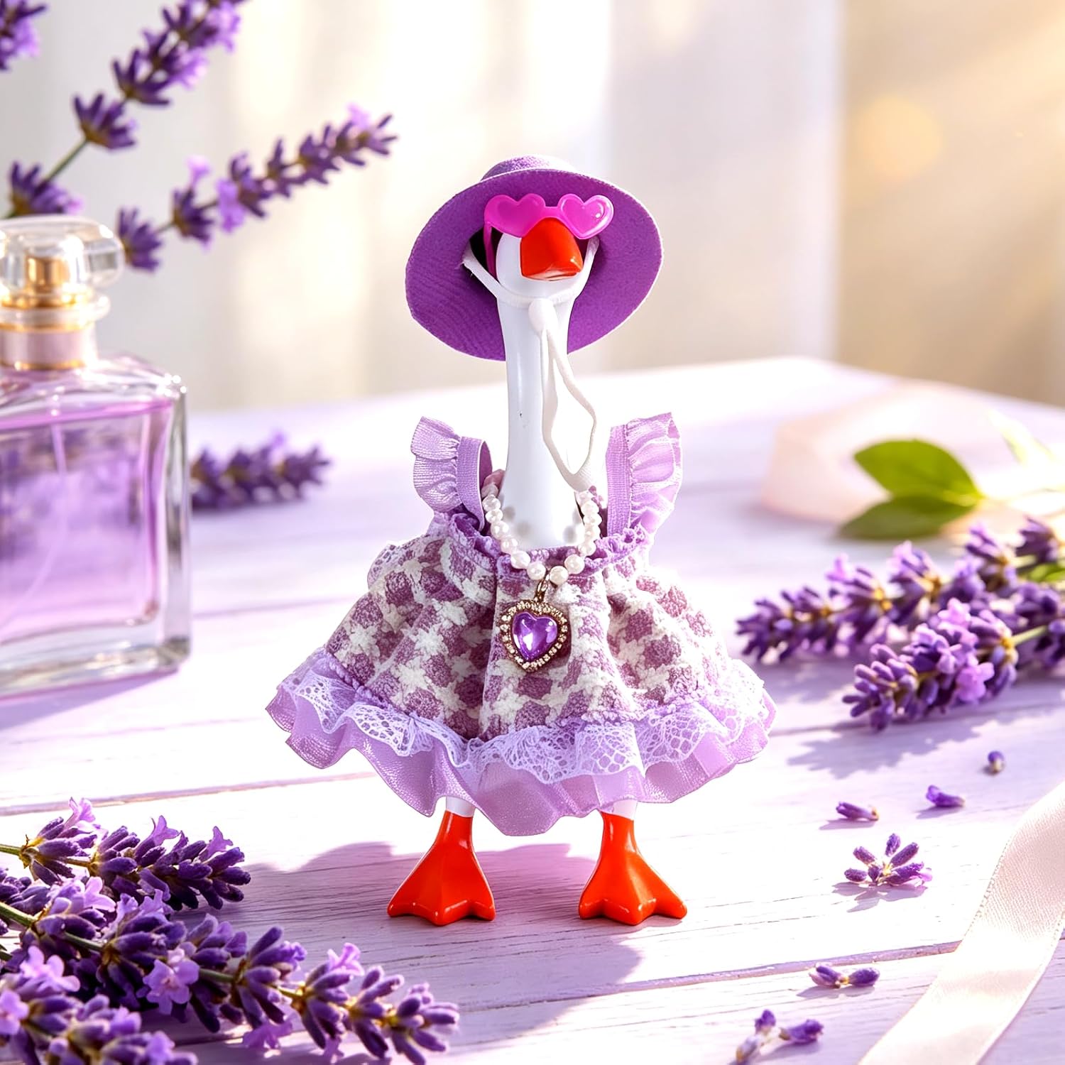 4 Sets 7 Inch Goose Decor for Desk, Mini Desktop Geese Outfits Spring Summer Clothes, Cute Duck Costume Accessories with Felt Hats Dresses Sunglasses, Funny Office Table Decoration Gifts