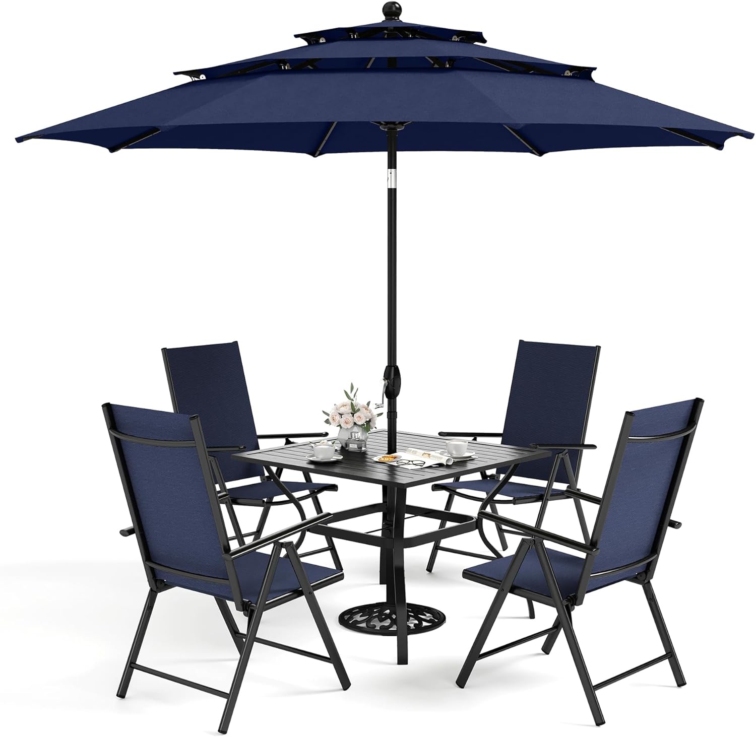Sophia & William 5 Pieces Patio Dining Set with 10ft Navy Blue Umbrella, Folding Outdoor Dining Chairs for 4, Square Metal Patio Table and Sling Chairs Set, Blue