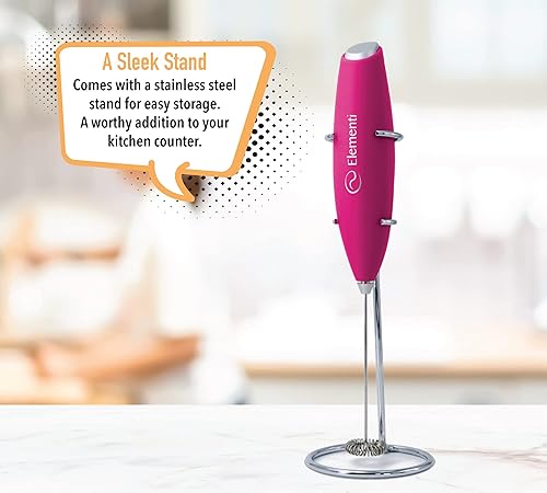 Miniatura 5 de Elementi Espumador de leche eléctrico con soporte, mezclador de bebidas de mano y espumador de bebidas, batidor de café, cafetera rosa, espumador