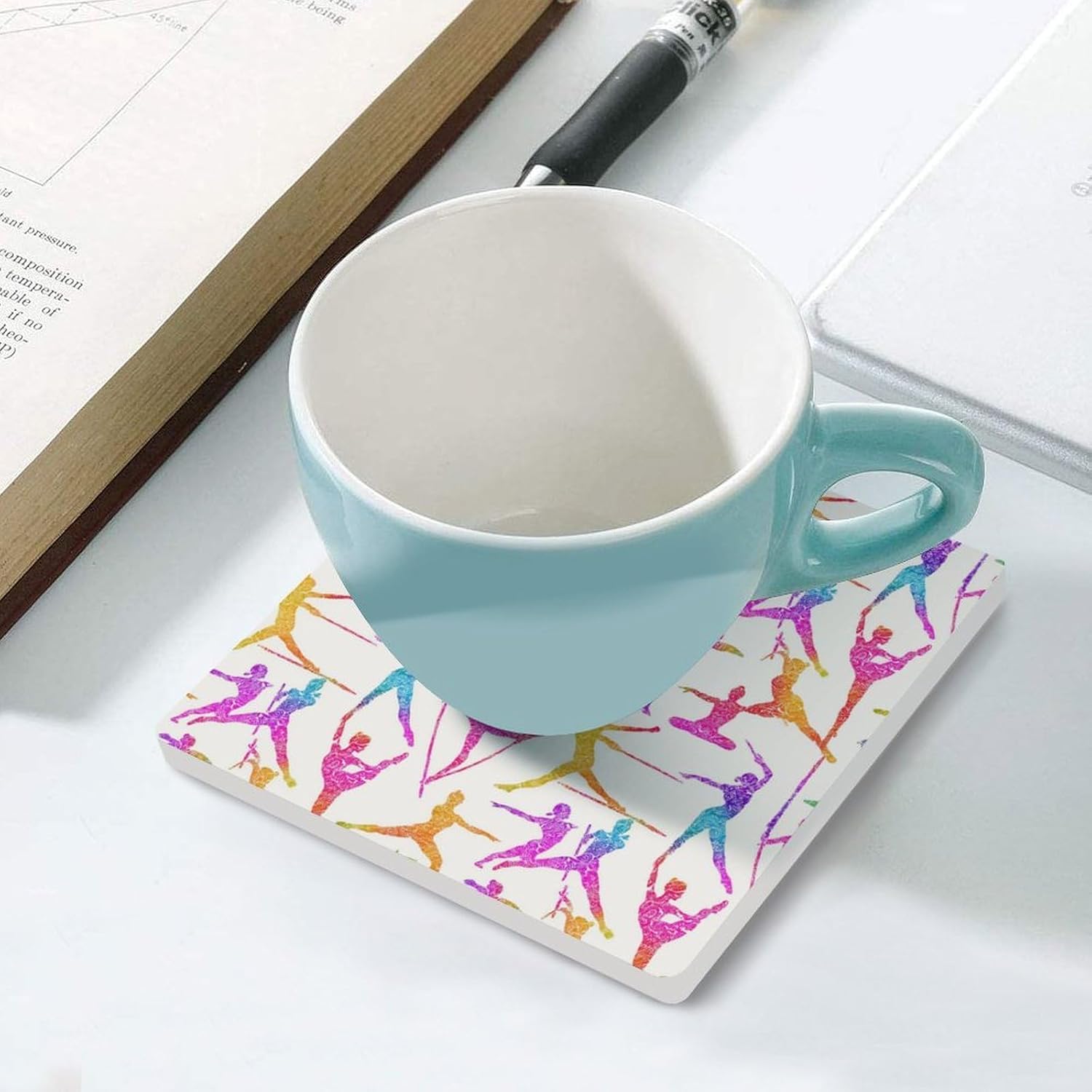 Silhouettes Colorful Rhythmic Gymnastics Coaster for Drinks Square Ceramic Table Coasters Stone Mat Crafts 4PCS Home Kitchen Decor