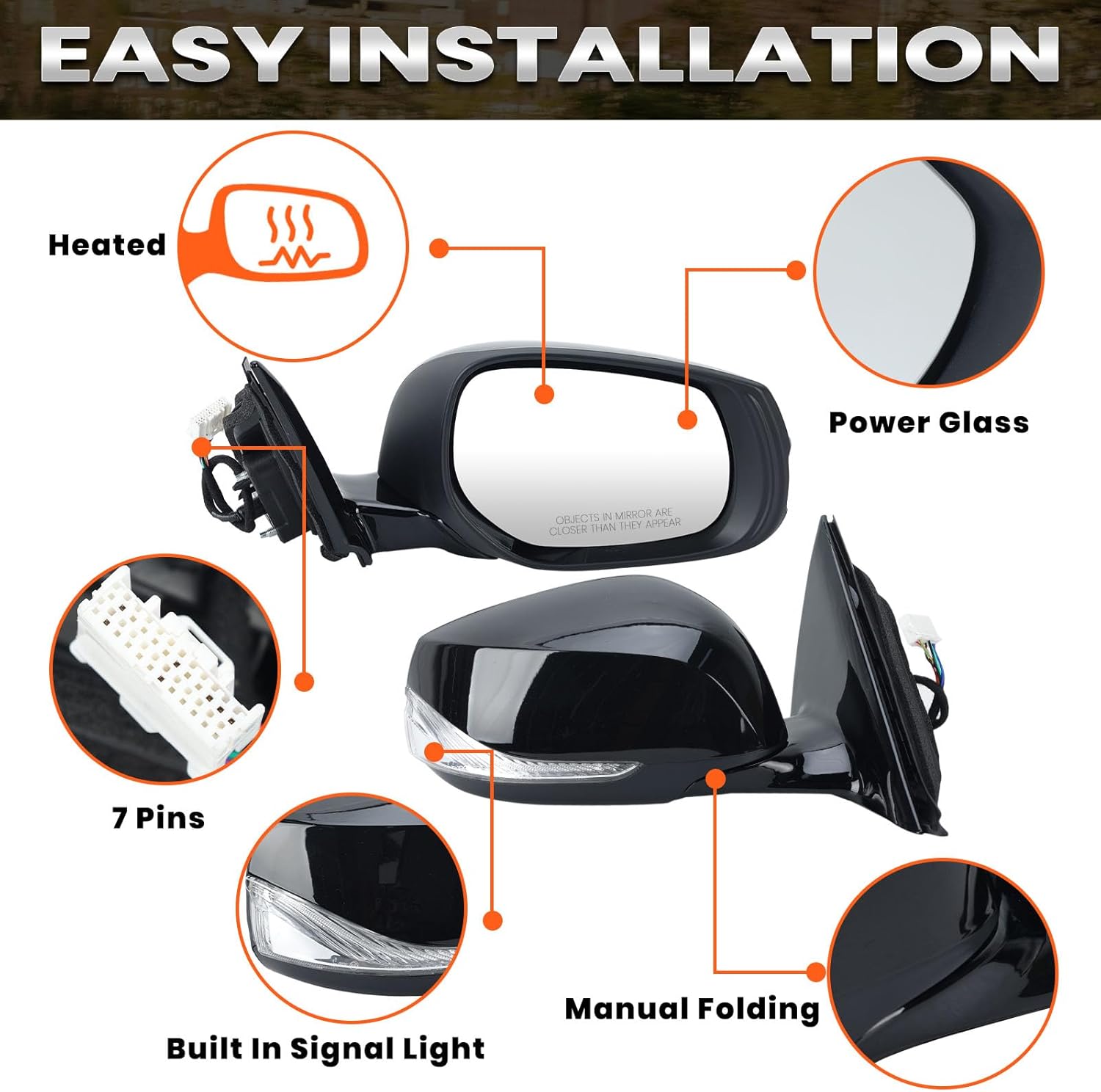 Right Passenger Side Mirror Compatible with Infiniti Q50 2014-2021 Heated Power Glass Manual Folding Turn Signal Indicator 7 Pins Replace IN1321129 | 963014HB0A (Glossy Black) Glossy Black Right Passenger Side