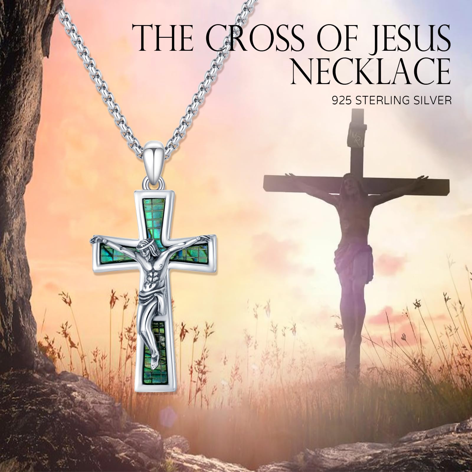 Kreuz Halskette für Männer Frauen 925 Sterling Silber Kruzifix Jesús Kreuz Anhänger Saint Amulett Halskette Abalone Conschelkreuz Religiöser Schmuck Geschenke22 +2 Zoll Edelstahlkette, 37 mm,