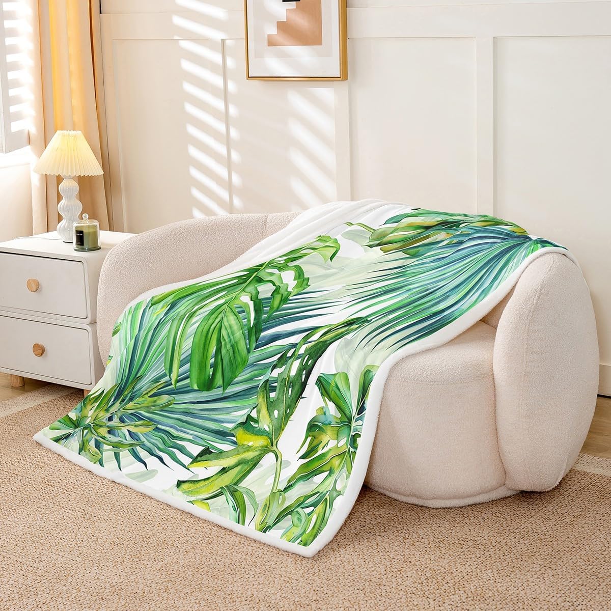Erosebridal Tropical Sherpa Blanket,Tree Bed Blanket Throw Queen Size Green Plant Palm Leaves Sherpa Blanket Jungle Botanical Leaf Fuzzy Flannel Blanket for Kids Adult Room Decor