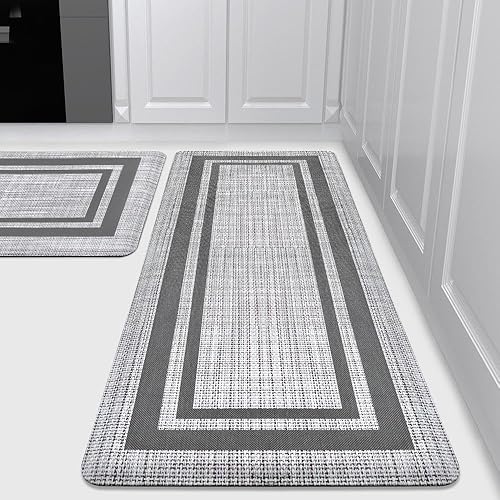 WEZVIX Anti Fatigue Kitchen Rugs and Mats 2 PCS, Cushioned Floor Mat Non-Skid, Ergonomic Comfort Foam Standing Mat, Waterproof Kitchen Rugs for Floor, Kitchen, Office, Sink, Laundry, Grey