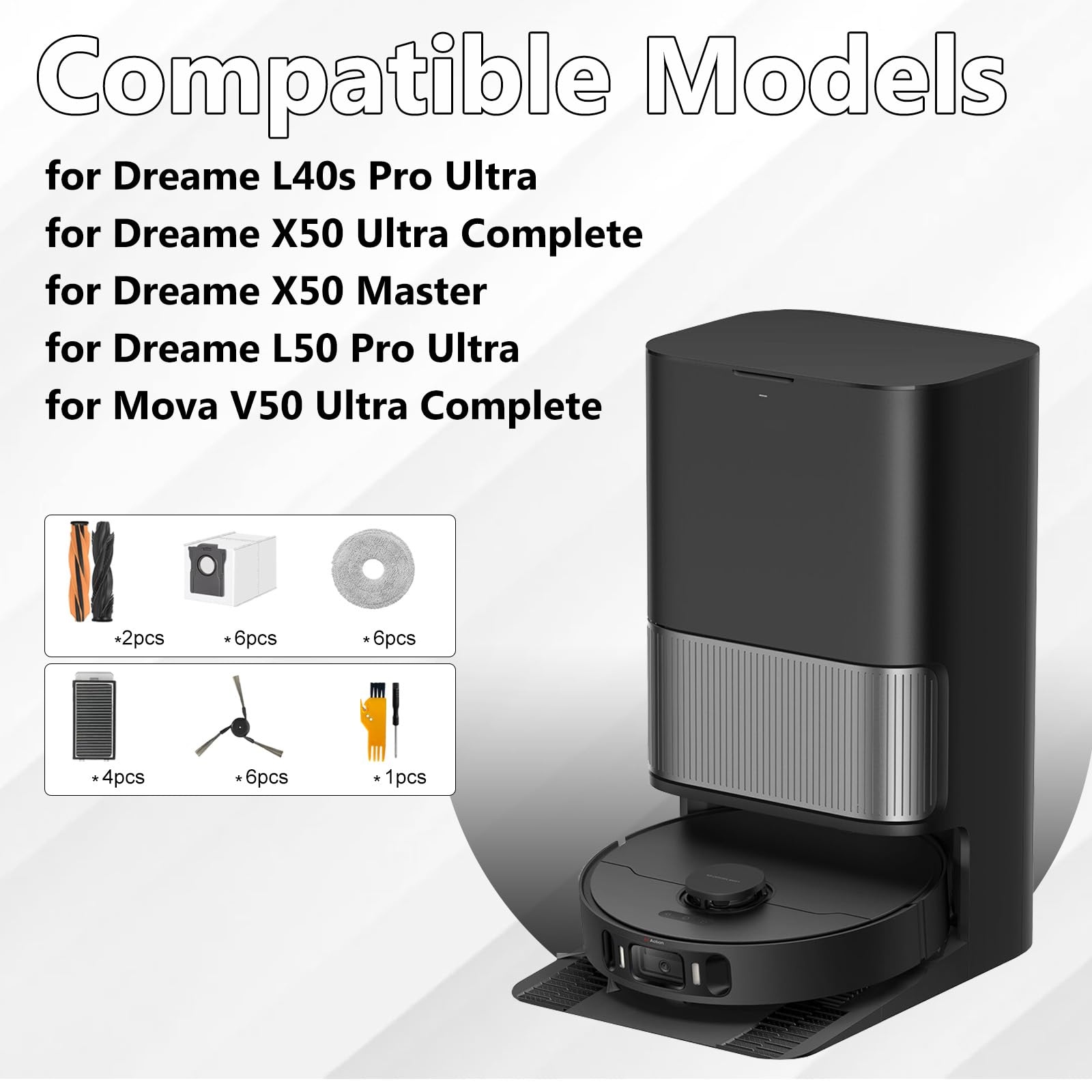 Akcesoria do Dreame L40s Pro Ultra/ X50 Ultra Complete/X50 Master/ L50 Pro Ultra i do odkurzacza Mova V50 Ultra Complete, 2 szczotki główne, 4 filtry, 6 worków do kurzu, 6 ściereczek, 6 szczotek