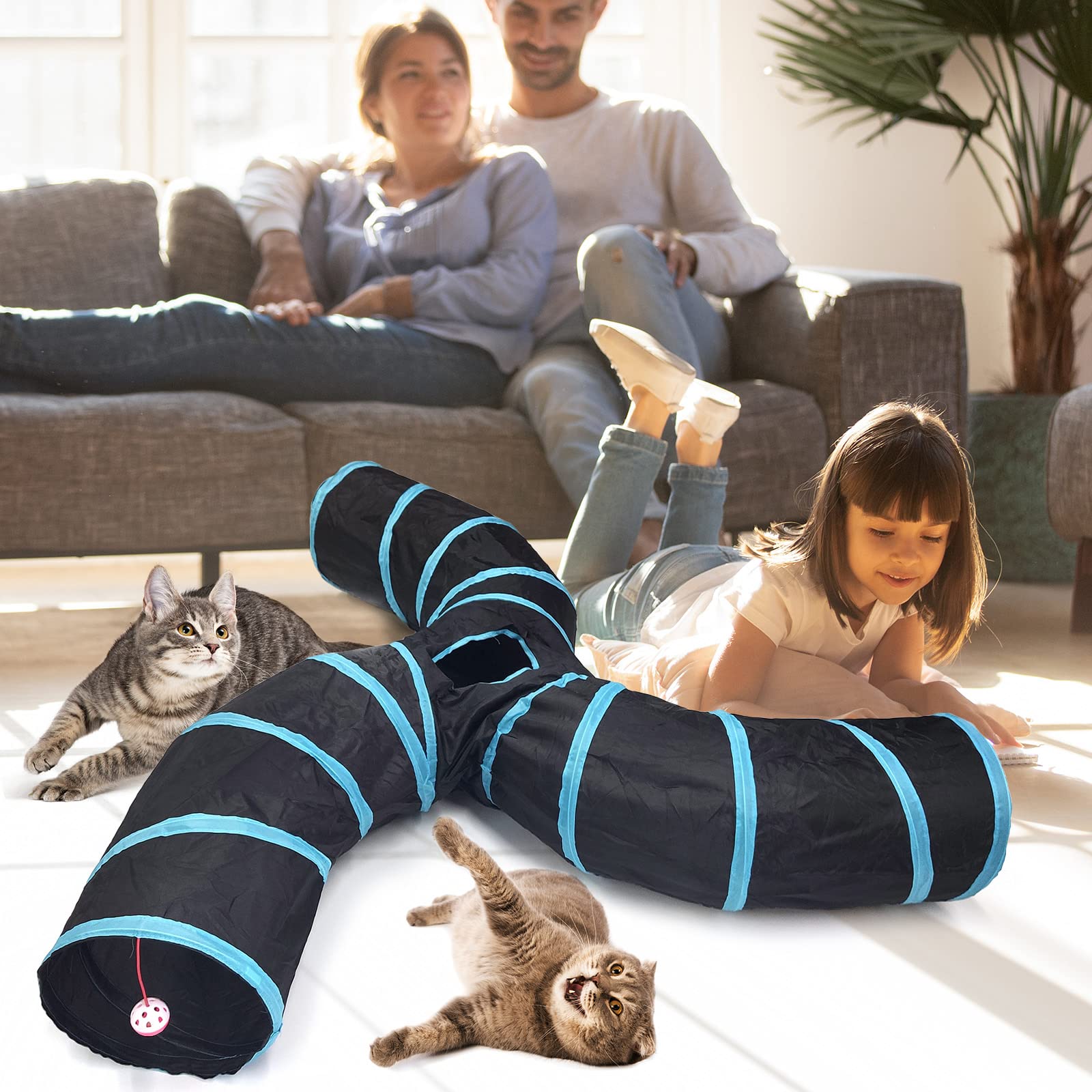 Bemodst Road Tunnel pour Chat, 2 Voies/3 Voies/4 Voies/5 Voies Tubes de Tunnels Pliable Jouet Labyrinthe interactif pour Petits Animaux, Petit Lapin,Chaton, Chiot,Furet,cochons d’ Inde (3 Voies)