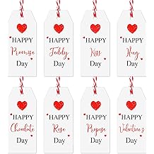 Geyoga 8 Pcs Valentine Gift Tag with String 7 Days Rose Propose Chocolate Promise Hug Kiss Happy Valentine Week Hanging Red Heart Tag for Gift Wrapping Treat Bag Party Favors