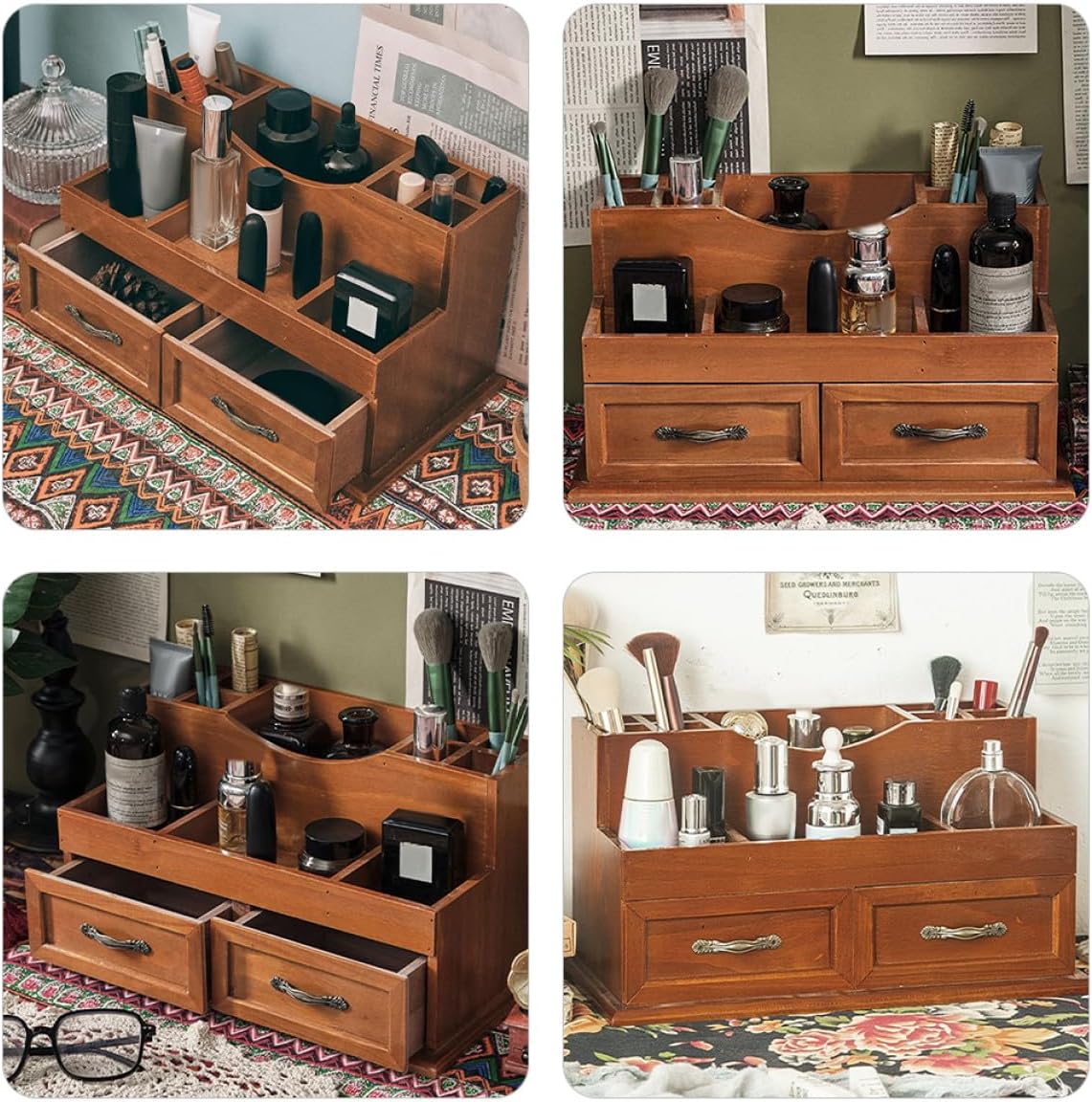 TIDTALEO Wooden Desktop Organizer Storage Drawer Unit Retro Solid Wood Makeup Cosmetic Jewelry Storage Holder with Multiple Compartments for Home Office Desk