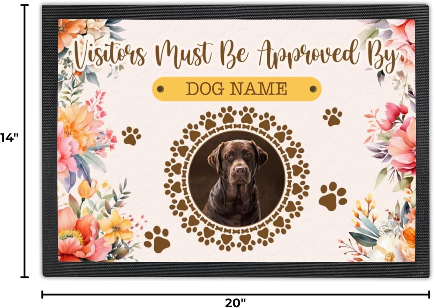 Personalized Dog Door Mat with Photo and Name - Customized Welcome Mat - Retro Floral Floor Mats - Front Door Mat - Visitors Must Be Approved (Floral Design 5 with 1 Dog, 20" x 14")