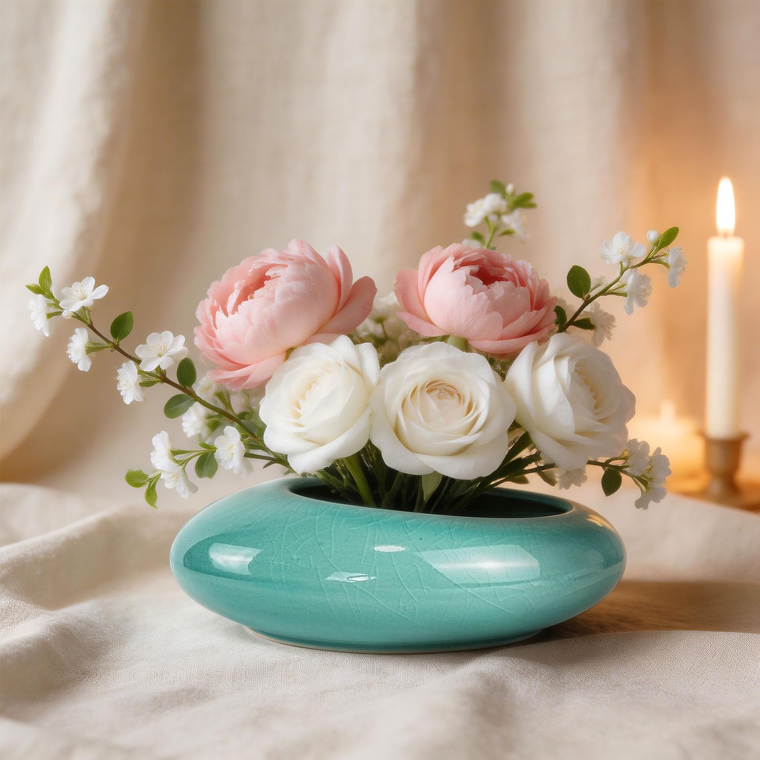 Flower Frog Vase Kit Ikebana Flower Arrangement Ceramic Water Drop Floral Shallow Pot Ge Kiln Bowl Plant Stem Holder Kenzan Home Decor Art Supplies (Ge Kiln Large Size)
