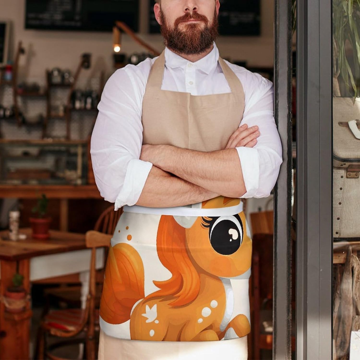 Cute Orange Pony Server Apron With 3 Pockets Water Resistant Waist Apron Half Apron For Waiter Bartender Barista Restaurant And Kitchen