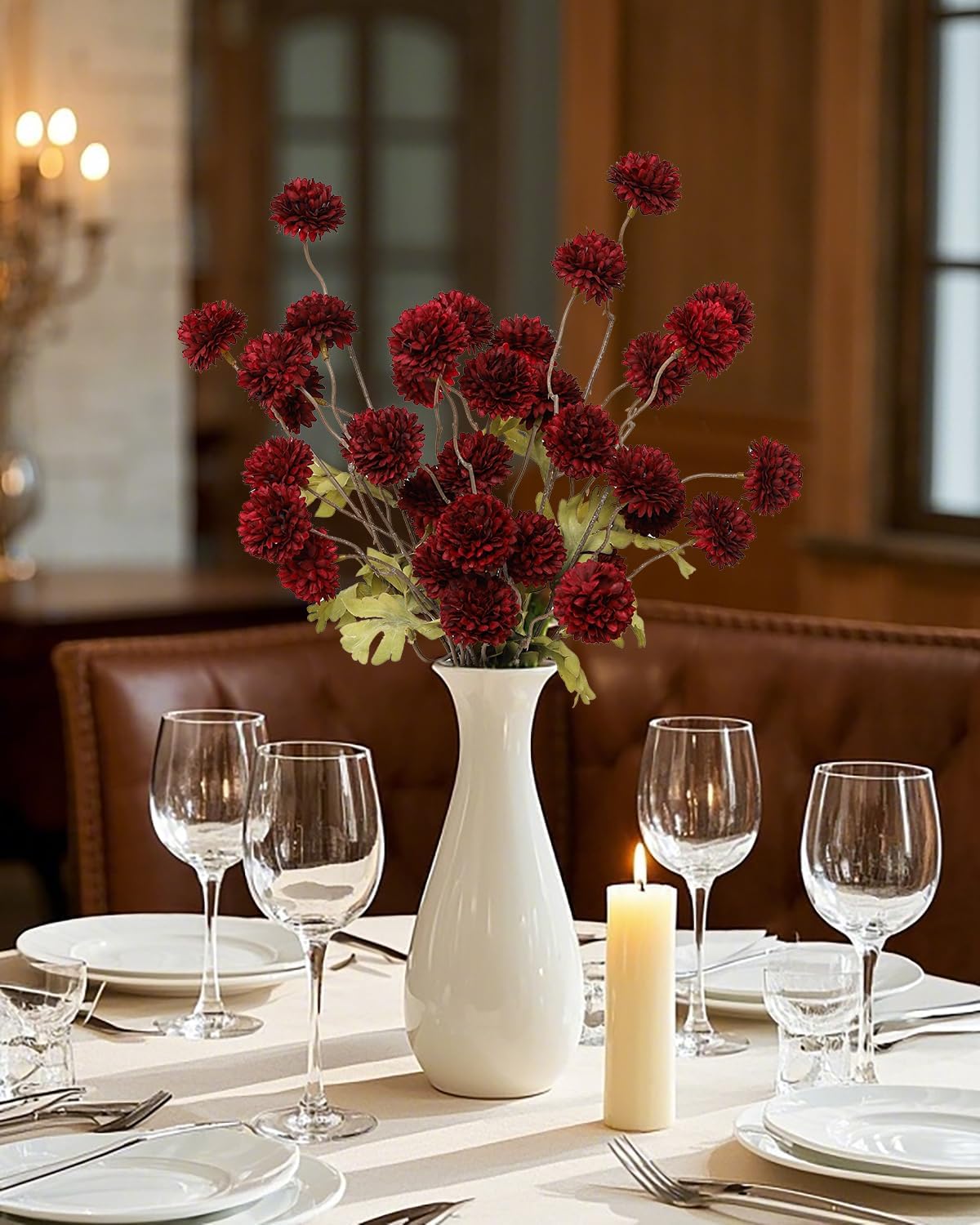 DuHouse 6pcs Artificial Flowers Faux Silk Pompon Mum,Silk Small Mini Chrysanthemum Ball with Stems for DIY Wedding Bouquets Centerpieces Vase Home Table Kitchen Decorations(Burgundy)