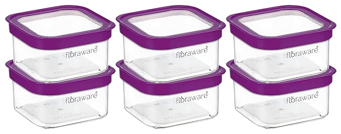 Floraware Food Safe Plastic Multiuse Square Fit-Lock Airtight Storage Jar, Grocery Container, 450 ml, set 6 BPA free, Purple
