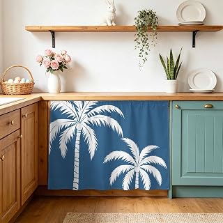 Cabinet Curtain Summer Ocean Palm Tree Desk Curtain 28x35in, Washable Under Sink Skirt for Kitchen Bathroom Laundry, Tropical Botanical on Navy Blue Privacy Self-Adhesive Shelf Curtains