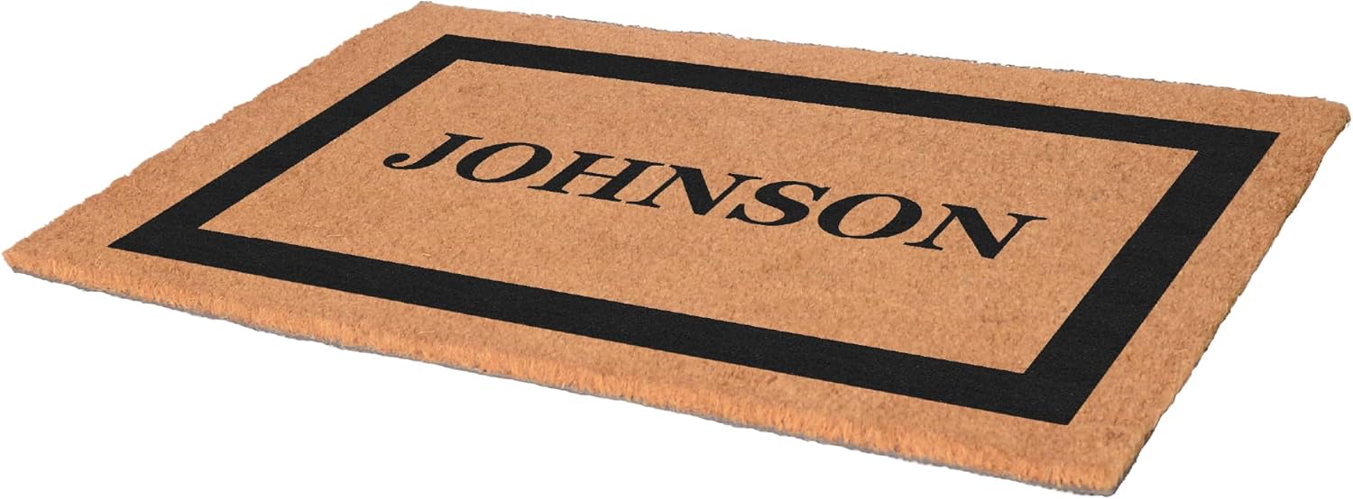COCO MATS 'N MORE Coco Coir Door Mat – Personalized Outdoor Welcome Mat, Front Porch Mat with Vinyl Backing & Heavy-Duty Dirt-Trapping Bristles, (18" x 30" | Black | Single Border | Made in USA)