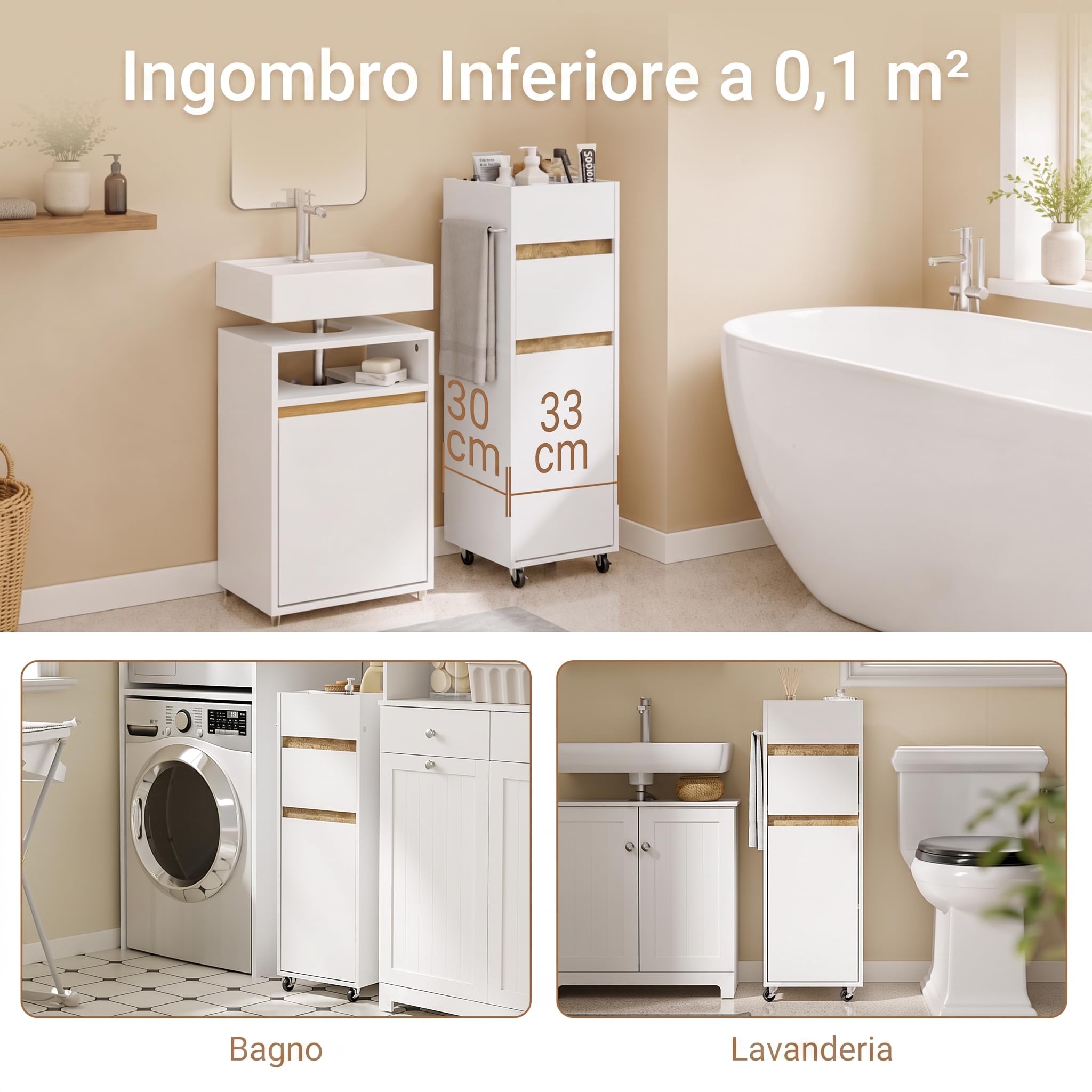 SoBuy Mobile Bagno Salvaspazio con Ruote 33x30x91,5 cm Stretto per Bagno | Mobiletto Bagno Stretto con Cassetto Ansa & Portasciugamani, Armadio Salvaspazio Bianco BZR225-WN