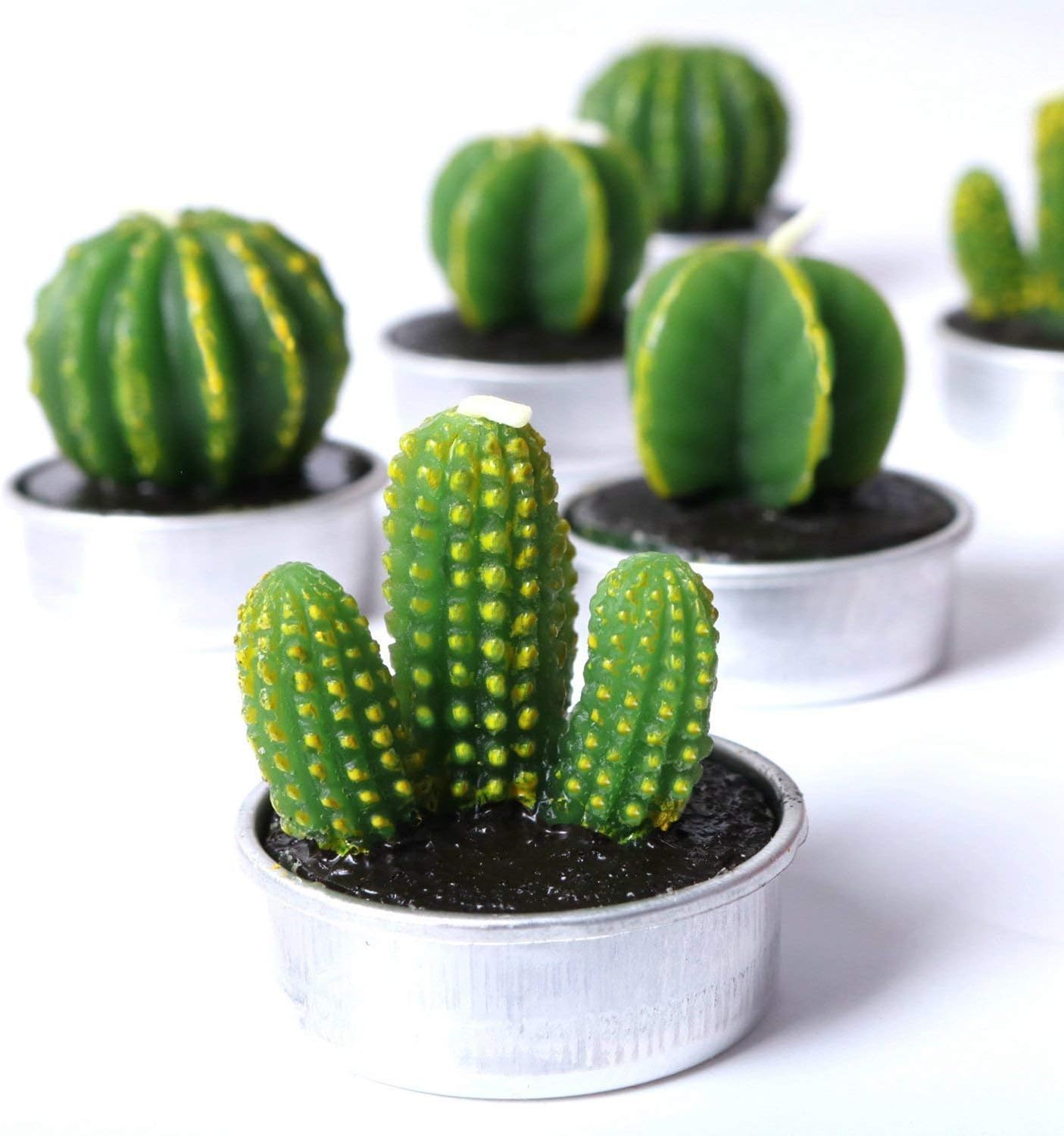 COCOMOON Cactus Tea Light Candles, 6 Pcs Decorative Candles with Artificial Succulents, Unscented, 30 min Burn Time, Modern Design, Perfect for Home Decor, Party, Wedding