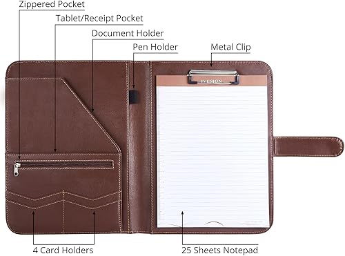 Miniatura 10 de IVESIGN Carpeta con cremallera, organizador de piel sintética con carpeta de 3 anillas, diseño para zurdos, ranuras para tarjetas de visita y