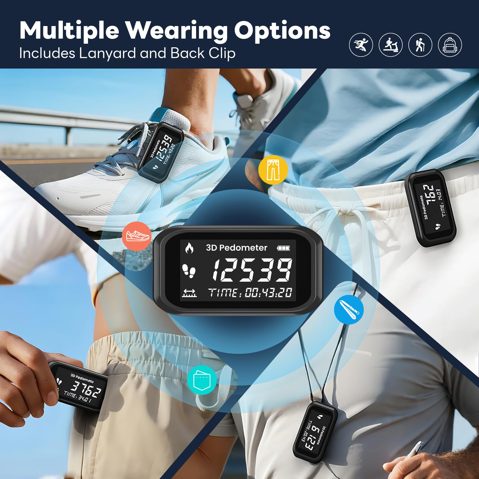 3D Podometre Non Connecté, Podomètre Précis à Clipser, Podometre Marche Pas et KM Calories, Compteur de Pas avec Grand Écran LCD, pour Marche, Course, Jogging, Randonée
