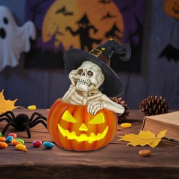 Skeleton Halloween Indoor Decoration 6.1 Witch Hat Skeleton Ornament with Solar Pumpkin for Home Fireplace Office Party Perfect Figurine Gift for Gothic Lovers