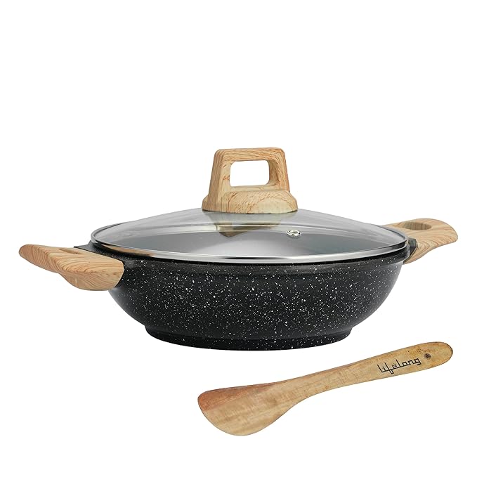 Lifelong Die-Cast Kadhai 24cm with Glass Lid & Wooden Spatula | 1.9L, 1.5Kg | Gas & Induction Compatible | Even Heat Distribution, Toxin & Teflon Free, Non-Stick, & Durable | Perfect for Cooking