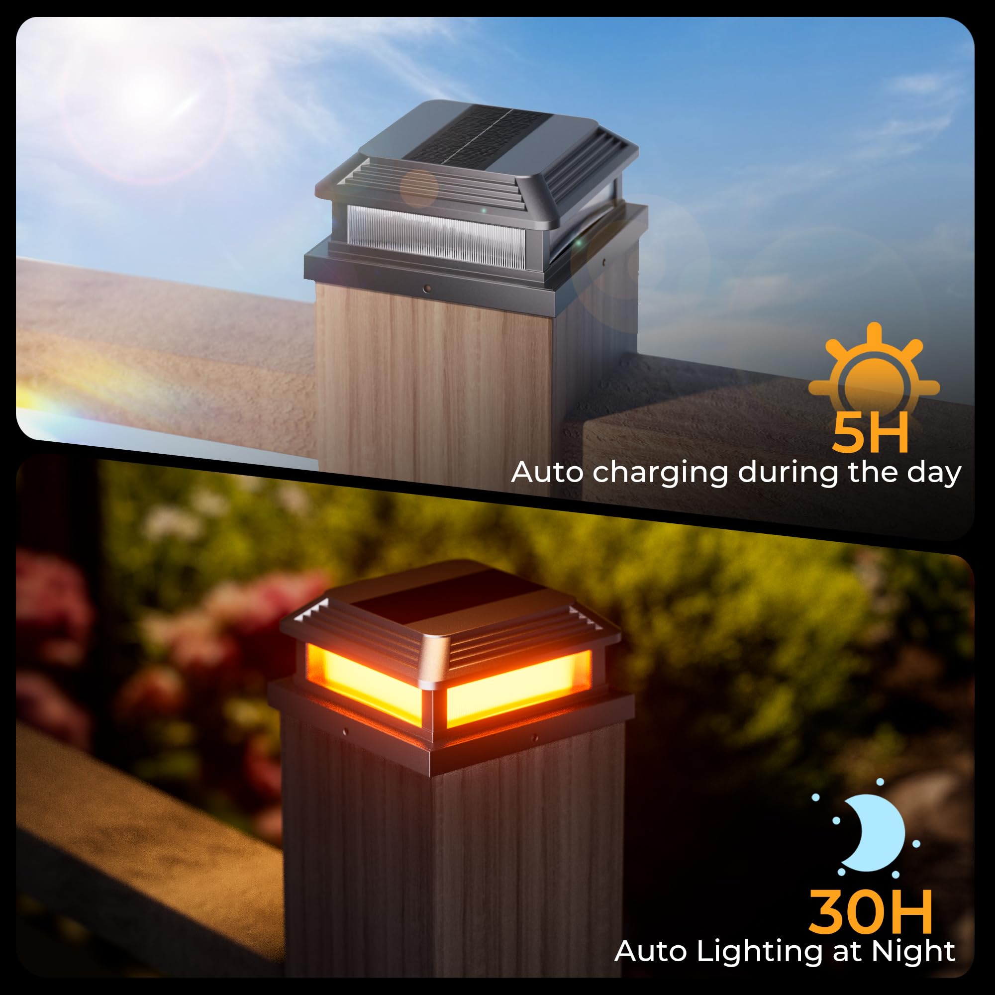 Quntis Zestaw 4 lamp solarnych na słupki ogrodzeniowe, lampy ogrodowe typu Flame z 5 trybami świecenia, lampy solarne na słupki o wymiarach – taras, patio, do ogrodu, podwórko, werandę i ścieżki