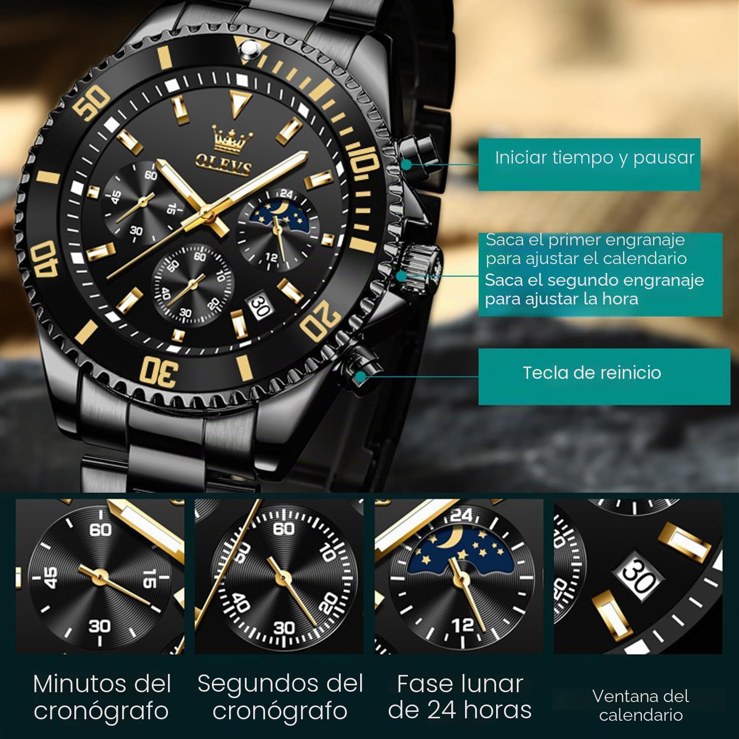 OLEVS reloj de Esfera Verde para Hombres Moda Cronómetro Impermeable Cuarzo, Acero Inoxidable Oro y Plata, Pulsera Multifuncional