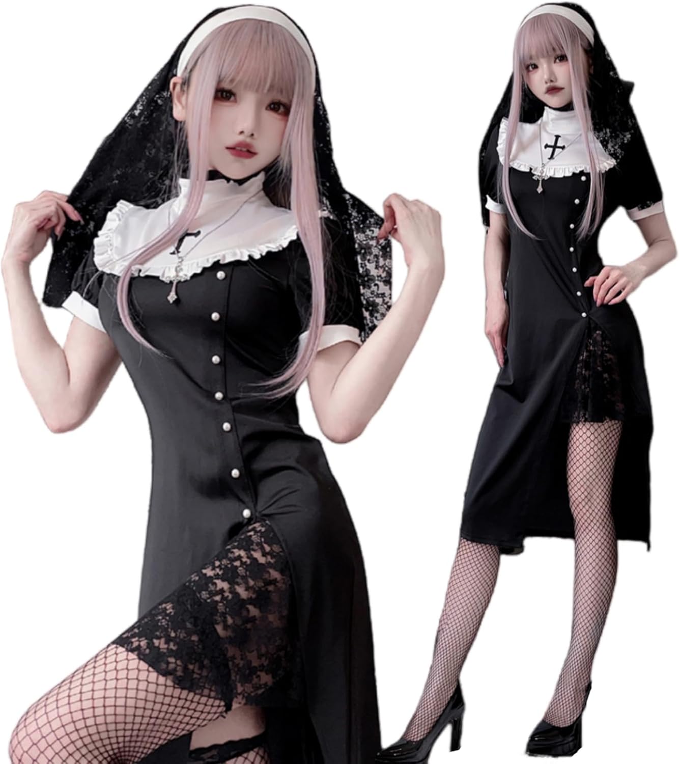 [JUNDOMECY] ハロウィン コスプレ 修道女 シスター 衣装 セクシー 大人 レディース 大きいサイズ 聖歌隊 修道院 教会服 スリット ロングワンピース レース ゴシック 黒 白 ベール 十字架 網タイツ付き イベント 仮装パーティー