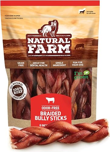 Natural Farm Palitos trenzados sin olor (6 pulgadas, 5 unidades) 100% carne de res alimentada con pasto, sin granos, bajos en grasa y totalmente