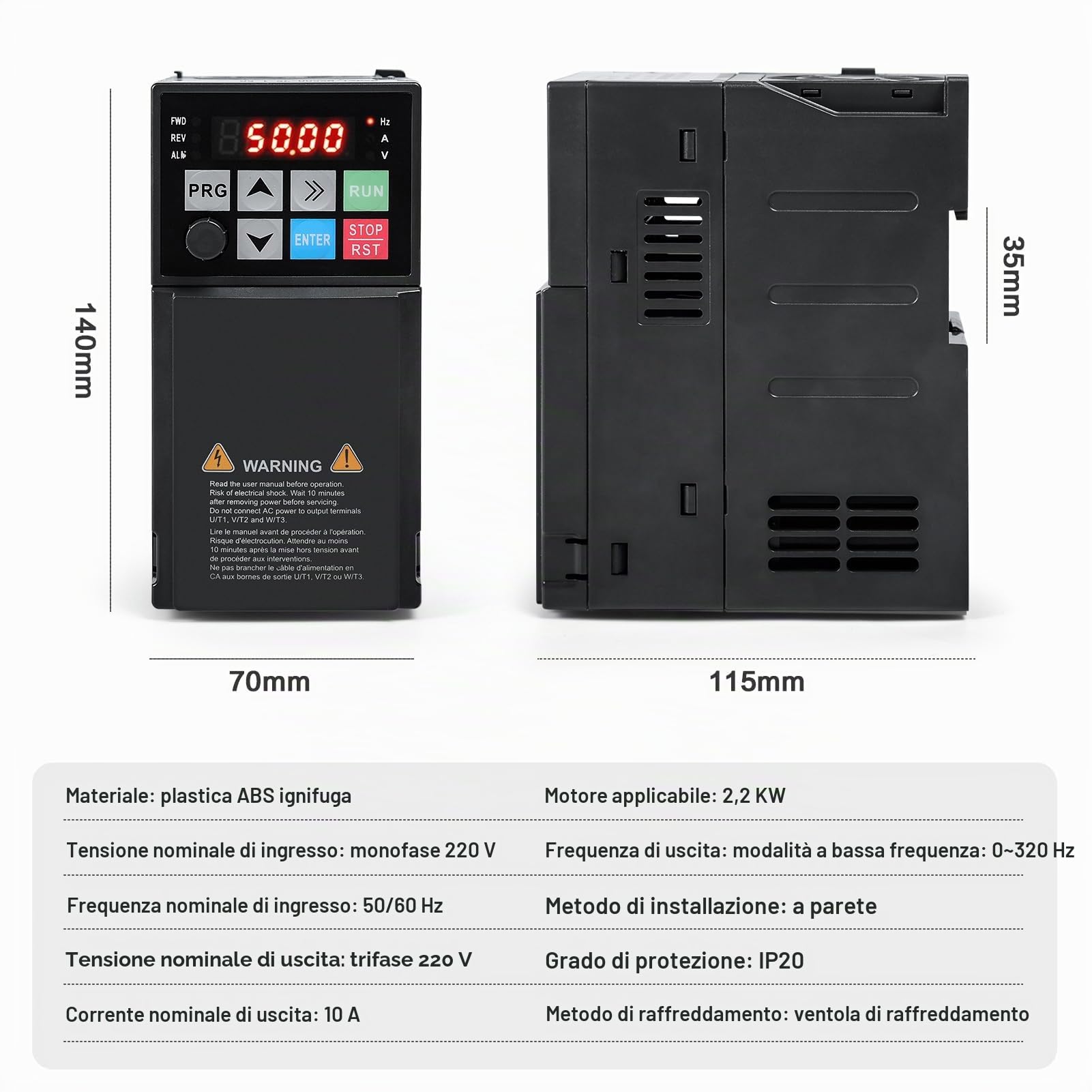 Inverter di Frequenza,220V Inverter di Frequenza VFD 2.2kW,Ingresso Monofase 220V e Uscita Trifase per Regolazione Velocità Motore