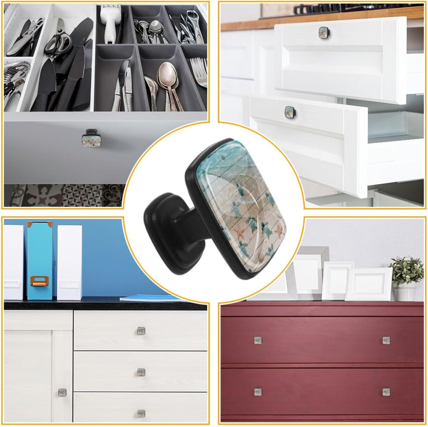 Sea Turtles and Starfish at Ocean 4Pcs Black Drawer Handles Clear Cabinet Handles ABS Glass Drawer Pulls with Screws Hardware for Bathroom, Kitchen and Furniture