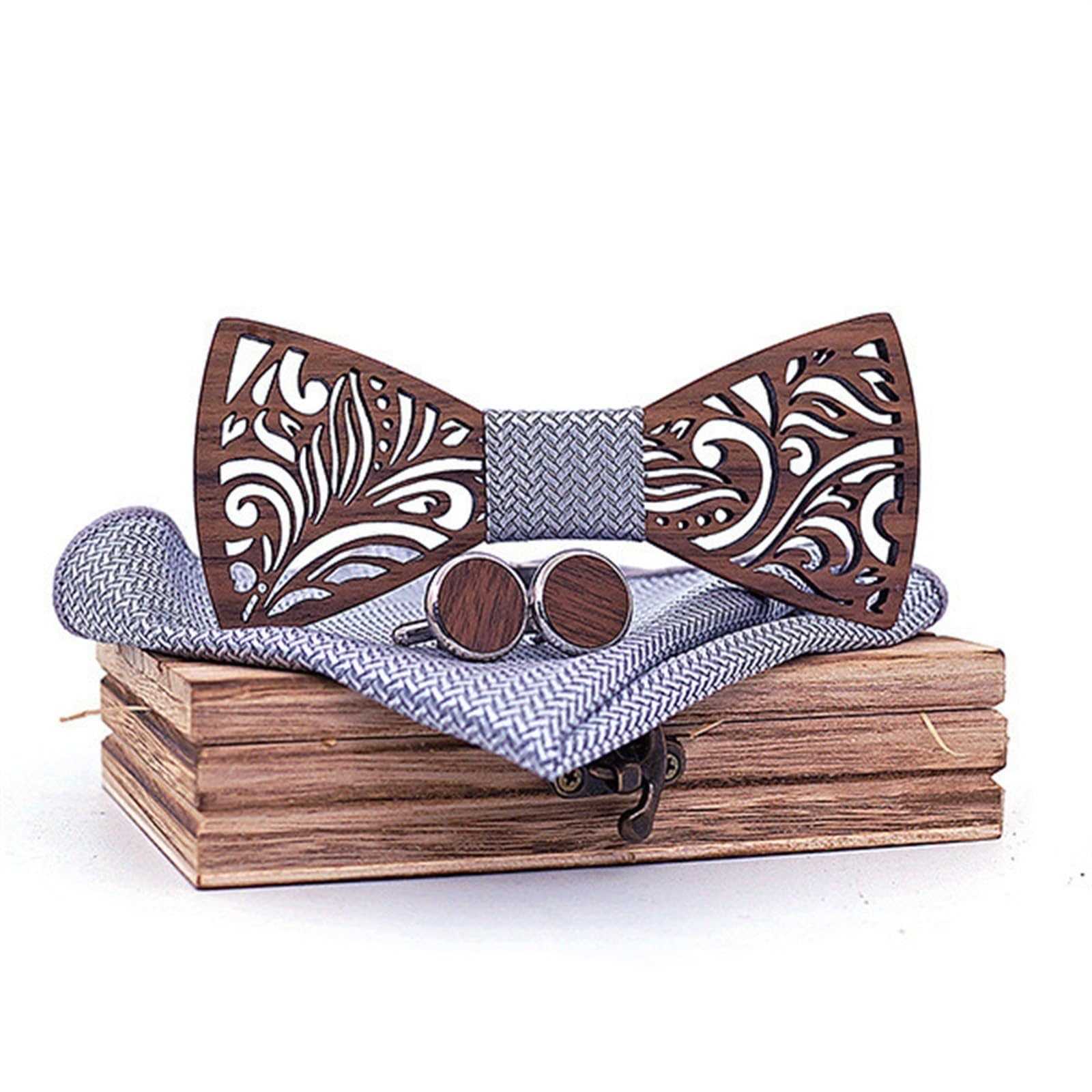 Conjunto De Pajarita para Novio Conjunto de Pajarita de Madera Pajarita Gemelos Bufanda Cuadrada(Colour 1)