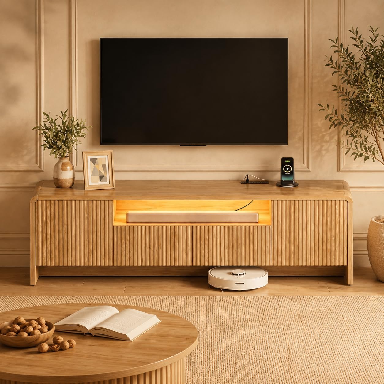 YESHOMY 70” Fluted TV Stand for 75 Inch TV, Modern Media Console