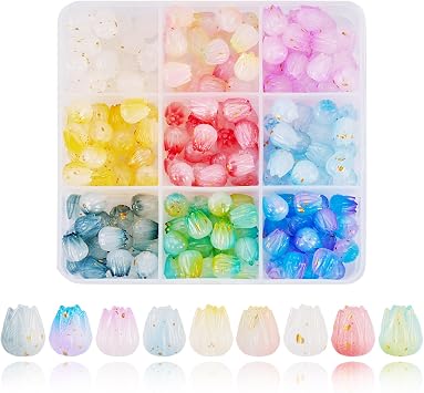 Beadthoven 180Pcs 9 Colors Tulip Flower Acrylic Beads Gradient Color Cute Flower Beads Colorful Frosted Floral Bud Loose Spacers with Gold Foil for Bracelet Necklace Earrings Jewelry Making DIY Crafts