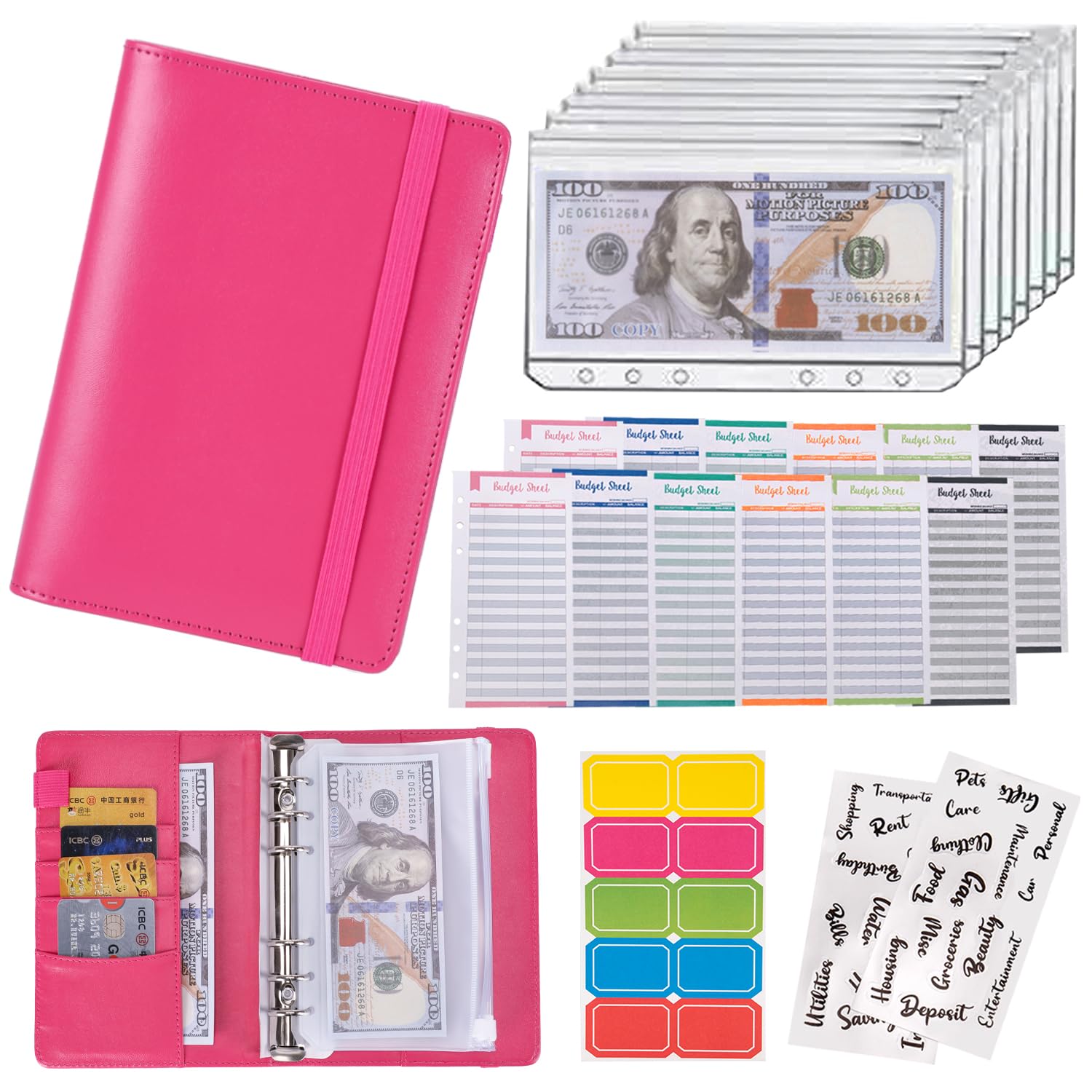NICOOTHBudget Binder Cash Envelopes A6 Money Saving Binder with Zipper envelopes (A6 Rose red)