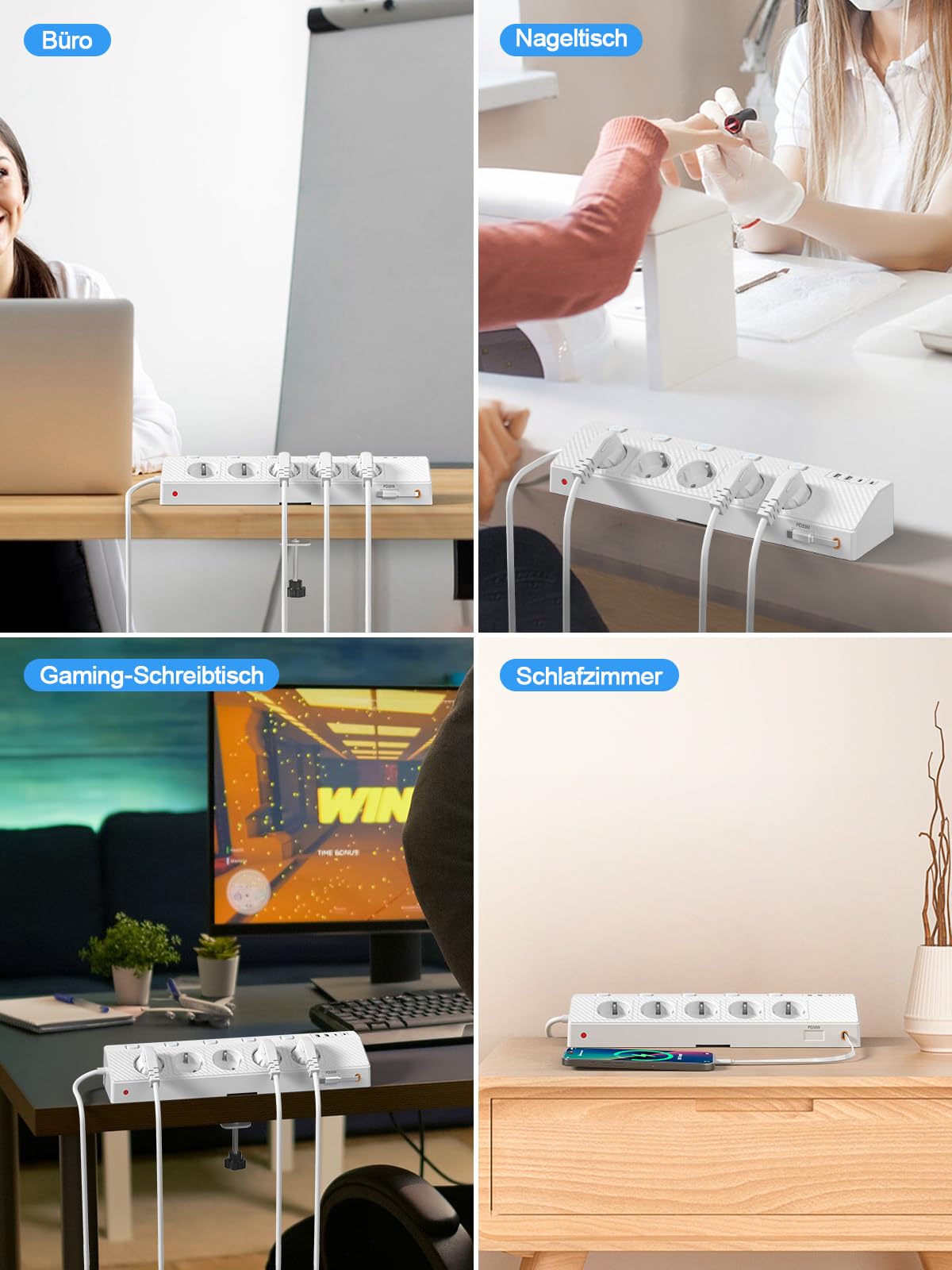Ciabatta elettrica da tavolo con morsetto USB PD 30 W, 5 prese, multipresa da scrivania con protezione da sovratensione e commutabile singolarmente, presa angolare 10 in 1 con cavo da 3 m, bianco