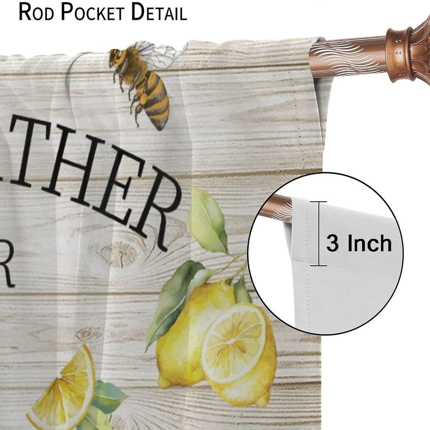 Lemon Kitchen Curtain Vintage Fruits Tableware Black White Grid Pattern Blackout Print Rod Pocket Window Drapes for Bedroom Living Room 42x54in
