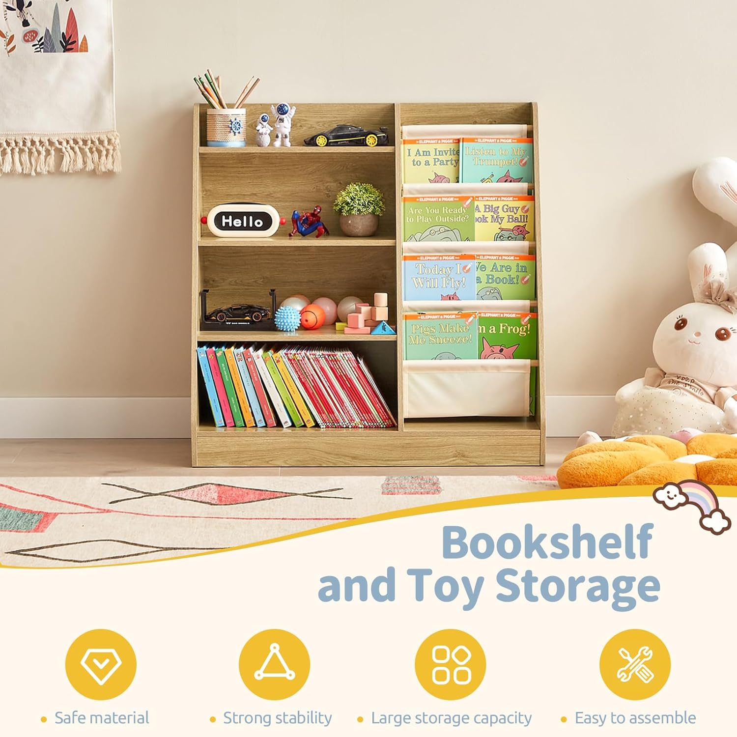 4-Tier Kids Bookshelf & Toy Organizer with Sling Pockets – Front-Facing Book Display, Child-Safe Wooden Storage for Bedroom, Playroom, Nursery or Classroom