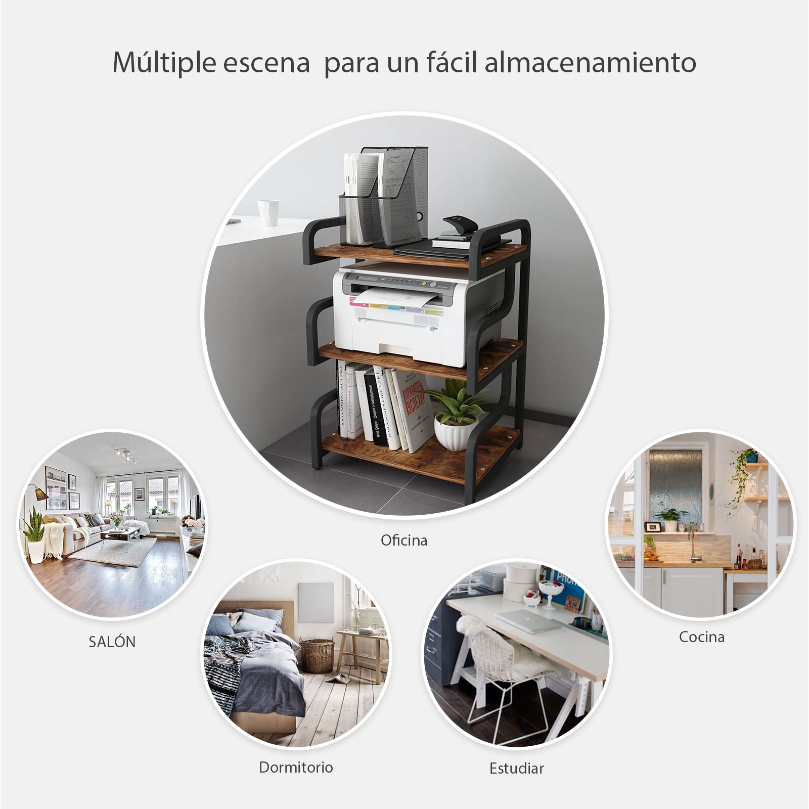 PUNCIA Soporte de Impresora de 3 Niveles Mueble Carro para Impresora con Ruedas Estante Mesa Móvil de Madera y Metal Estantería de fax para Oficina Escuela Estudio Retro