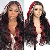 Aolvoblees Red Blonde Black Skunk Stripe Human Hair Wig Highlight Burgundy Ombre 250% Density 13X4 Body Wave HD Lace Front Frontal Colored Wigs Human Hair Pre Plucked for Black Women 30 Inch