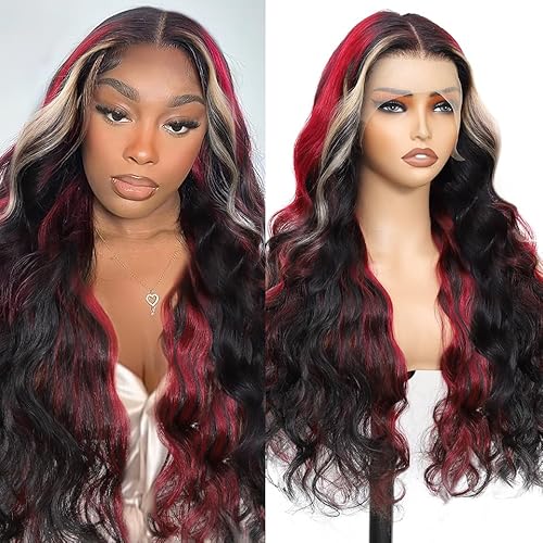 Aolvoblees Red Blonde Black Skunk Stripe Human Hair Wig Highlight Burgundy Ombre 250% Density 13X4 Body Wave HD Lace Front Frontal Colored Wigs Human Hair Pre Plucked for Black Women 30 Inch