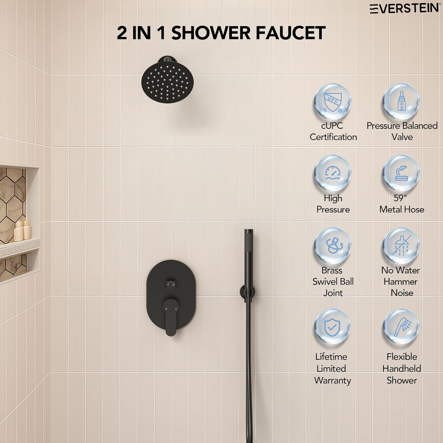 6" High-Pressure Shower System with Handheld Spray, Wall Mount Round Bathroom Shower Faucet Set with Valve (Matte Black)