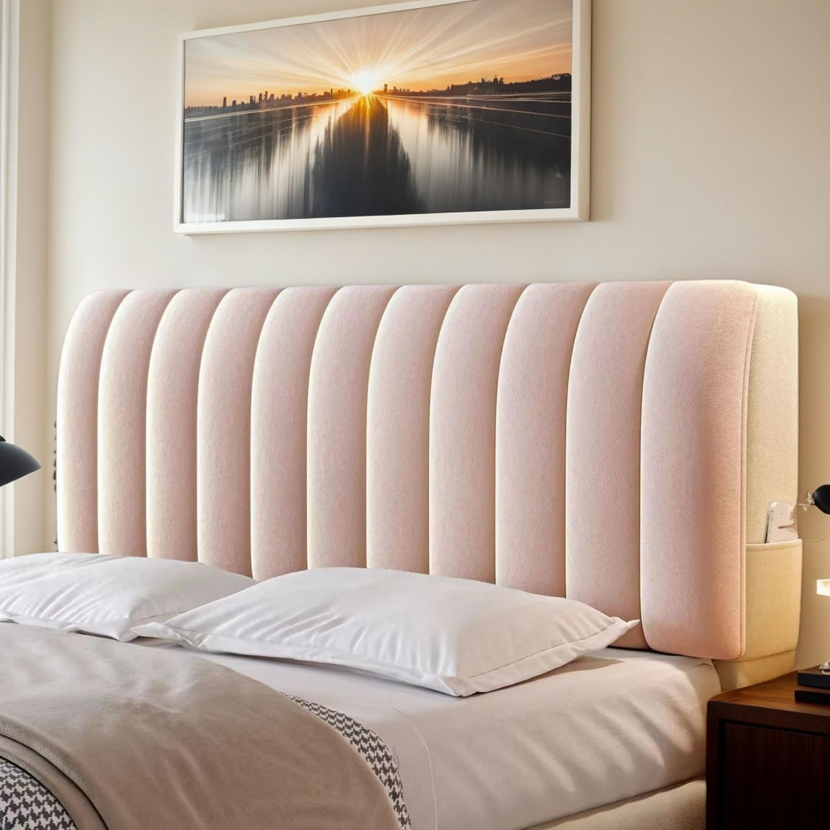 RICPYOIU Funda Acolchada para Cabecera En Terciopelo con Relleno De Algodón Espesado En Colores Sólidos para Camas Individuales Dobles King Queen Decoración De Dormitorio,Rosado,150cm