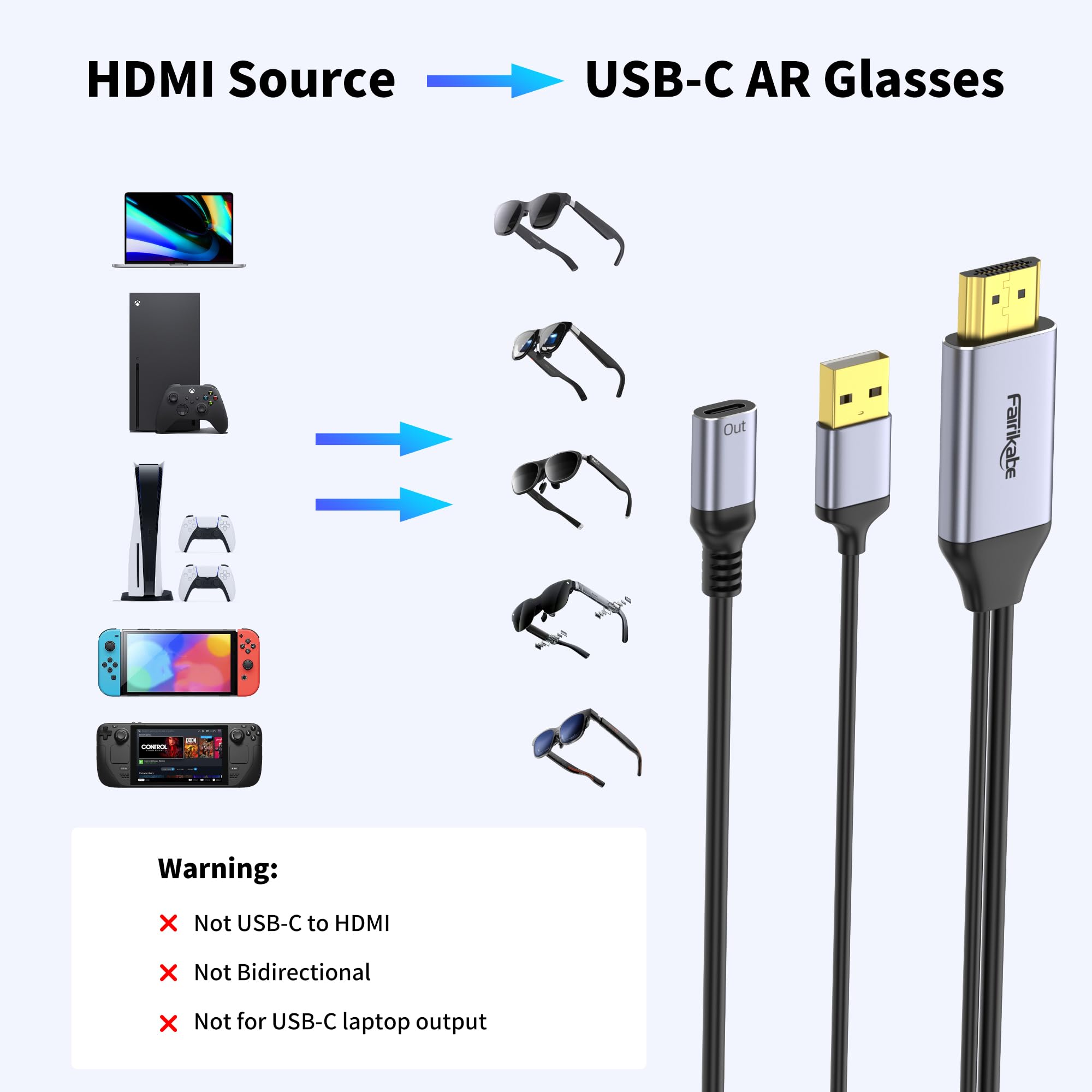 Adattatore da HDMI a USB-C Femmina 4K@60Hz – Convertitore da sorgente HDMI a monitor USB-C e occhiali AR – Compatibile con Viture, Xreal, RayNeo, Rokid – Per PS5, Xbox, Switch, Dock Steam Deck
