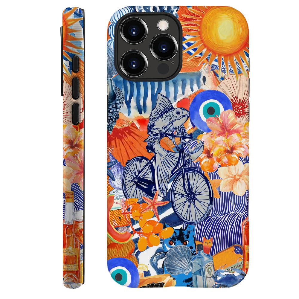 Case for iPhone 16 Pro,Fits Frosted Case Design for Girl Women,Collage Blue Fish Beach Bike Flower