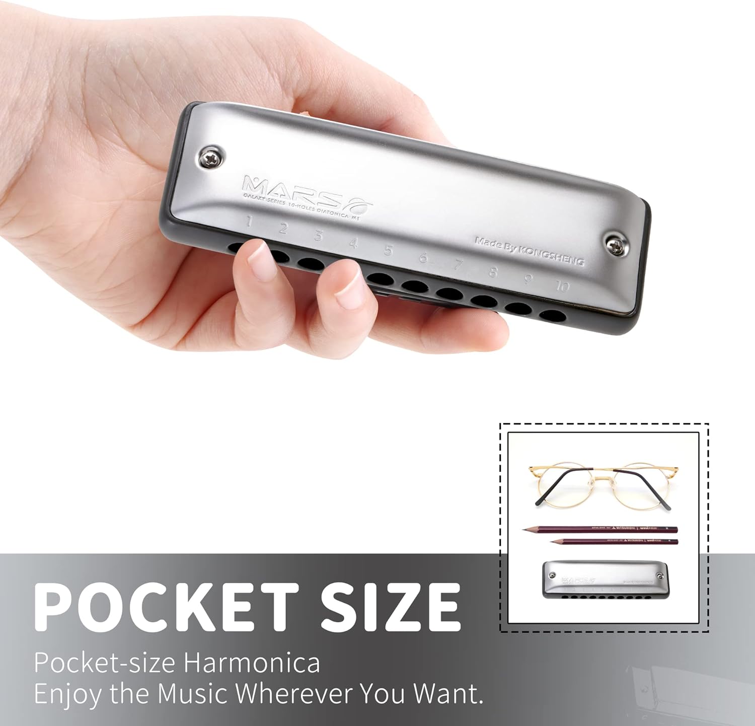 KONGSHENG Mars Harmonica,10 Hole Blues Harp Harmonica Diatonic Mouth Oragn Key of B with Grey Plastic Comb for Beginners, Adults and Professional…