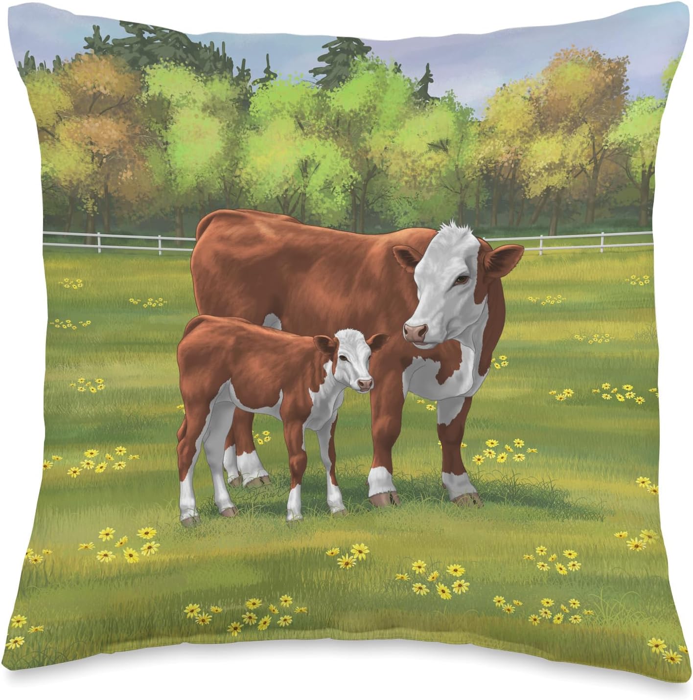 Brown Hereford Cow & Cute Calf Farm Animals Throw Pillow