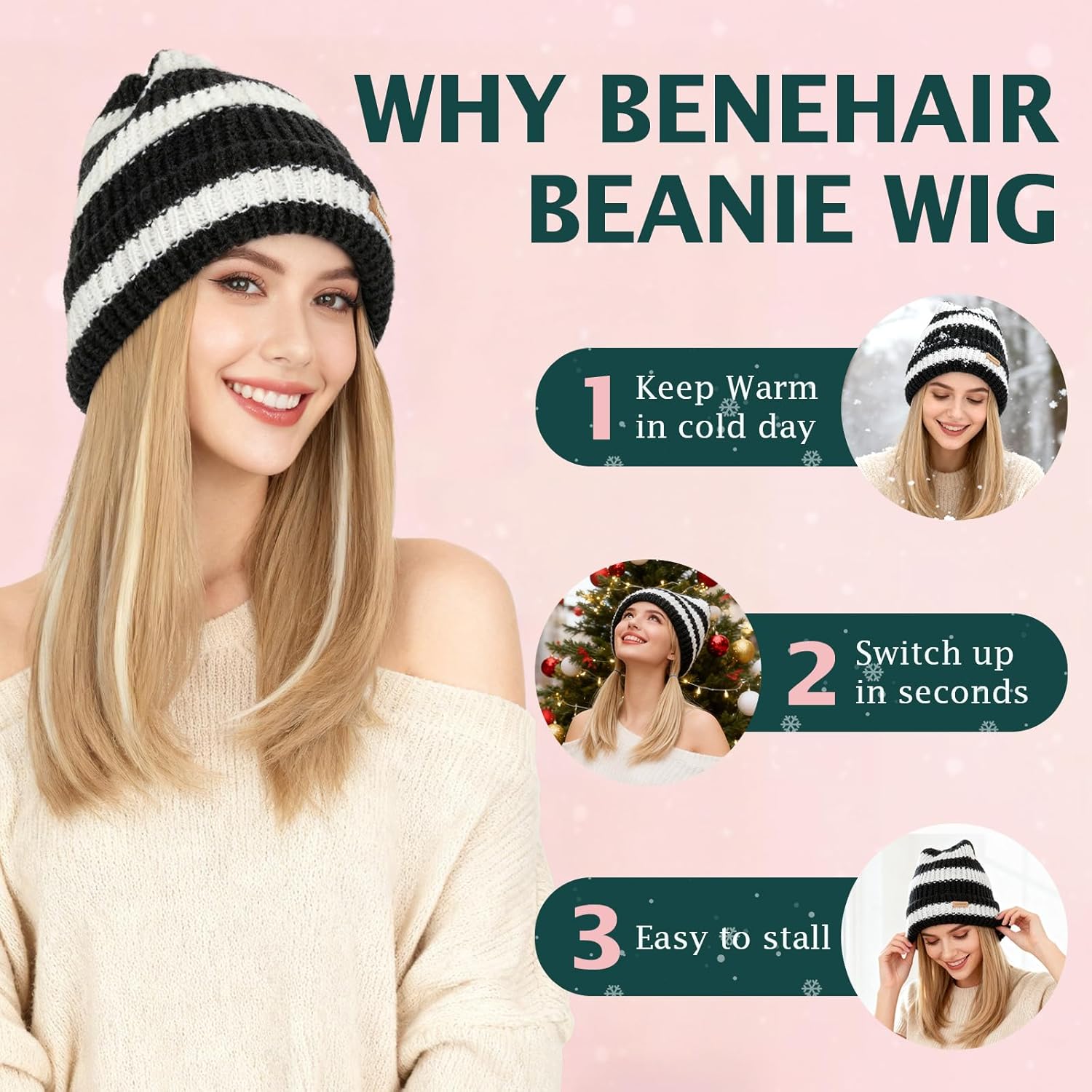 Benehair Beanie Wig for Women with Hair Attached 11'' Straight Synthetic Hair Extensions Knitted Hat Keep Warm in Winter Christmas Gifts Dark Brown